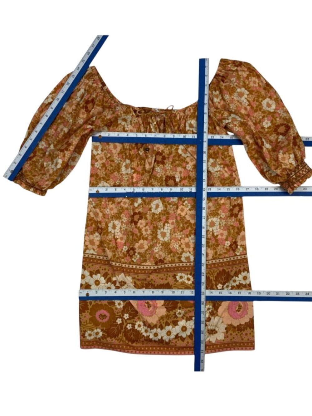 Spell and The Gypsy Anne Tunic Dress M Tan Floral Mini Off The Shoulder - Picture 7 of 16